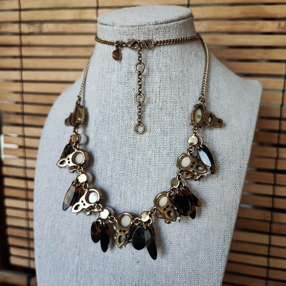 J. Crew Oxidized Brass Tone Art Deco Clear AB Faux Tortoise Statement Necklace - Picture 9 of 11